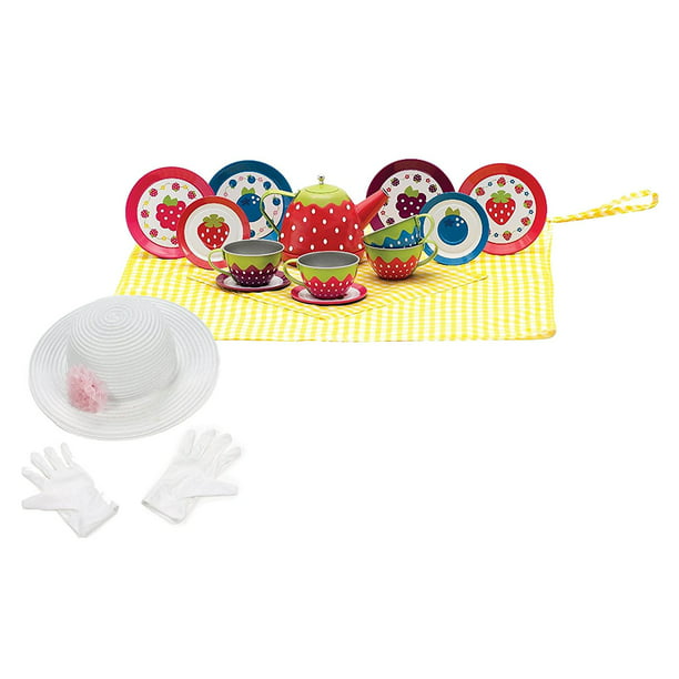Schylling Floral Tin Tea Set with Fun Express Polyester Tea Party Hat and Gloves